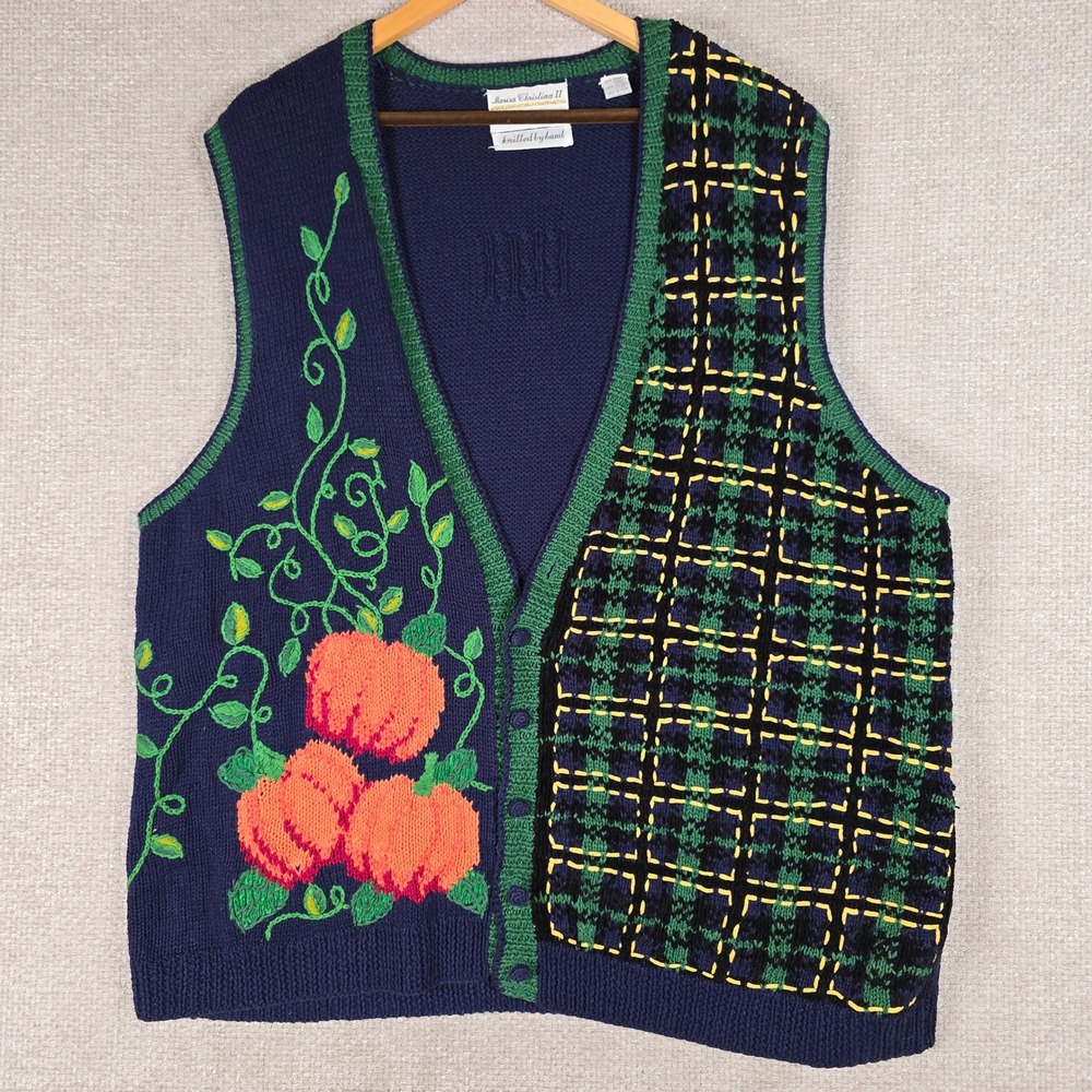Vintage Marisa Christina II Hand Knit Pumpkin Plaid Sweater Vest Navy Blue 3X